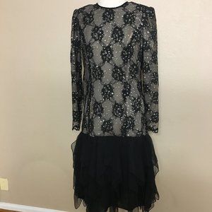 Vintage Black Lace 80s Glitter long sleeve dress